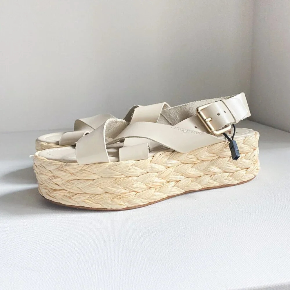 NWT Zara Ivory Leather Strappy Flatform Platform Espadrille Sandals 40